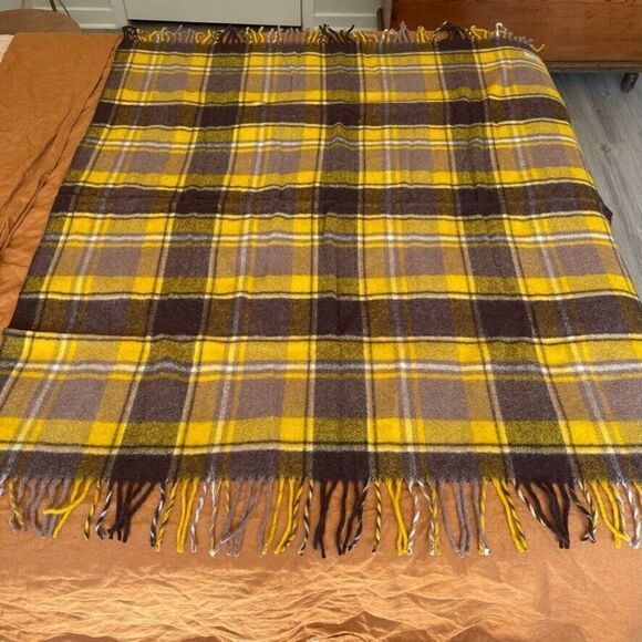 Faribo Fluff Loomed Yellow Gray Brown Wool Plaid Checkered Fringe Blanket Throw - Picture 4 of 11